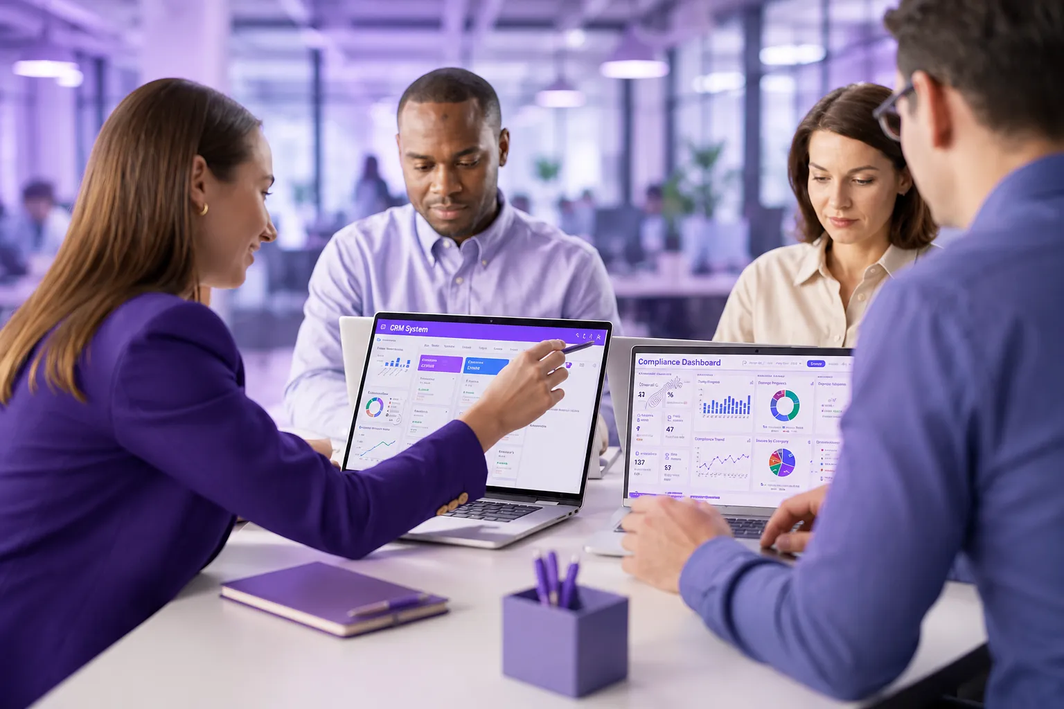 Two analysts reviewing an ALFA screening dashboard with colleagues