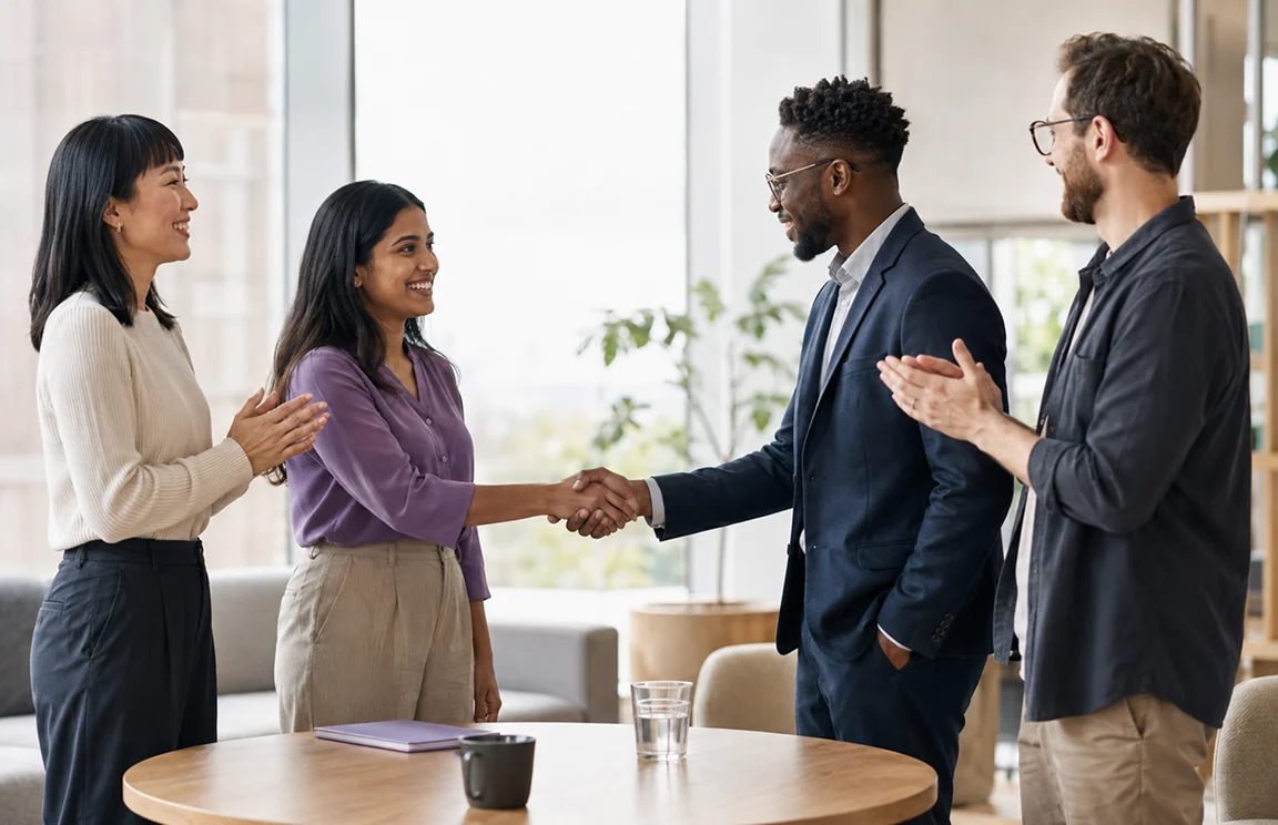 A bank team celebrating a completed engagement