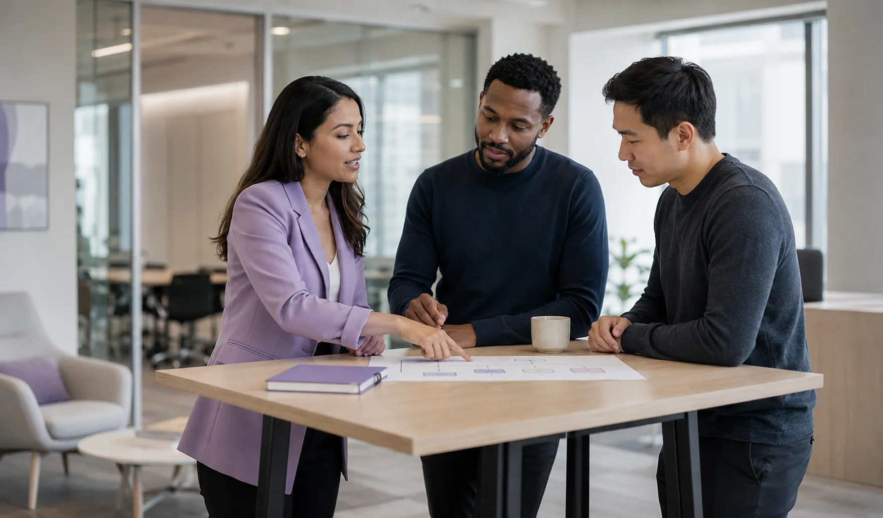 Three bank staff reviewing a dispute together at a laptop