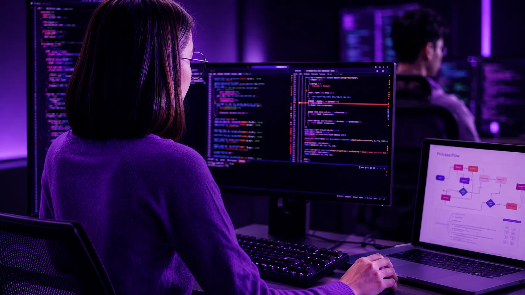 A servicing analyst working across two screens of workflow tooling