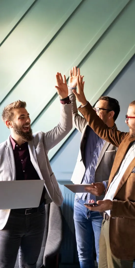 Colleagues in a bright office, mid high-five
