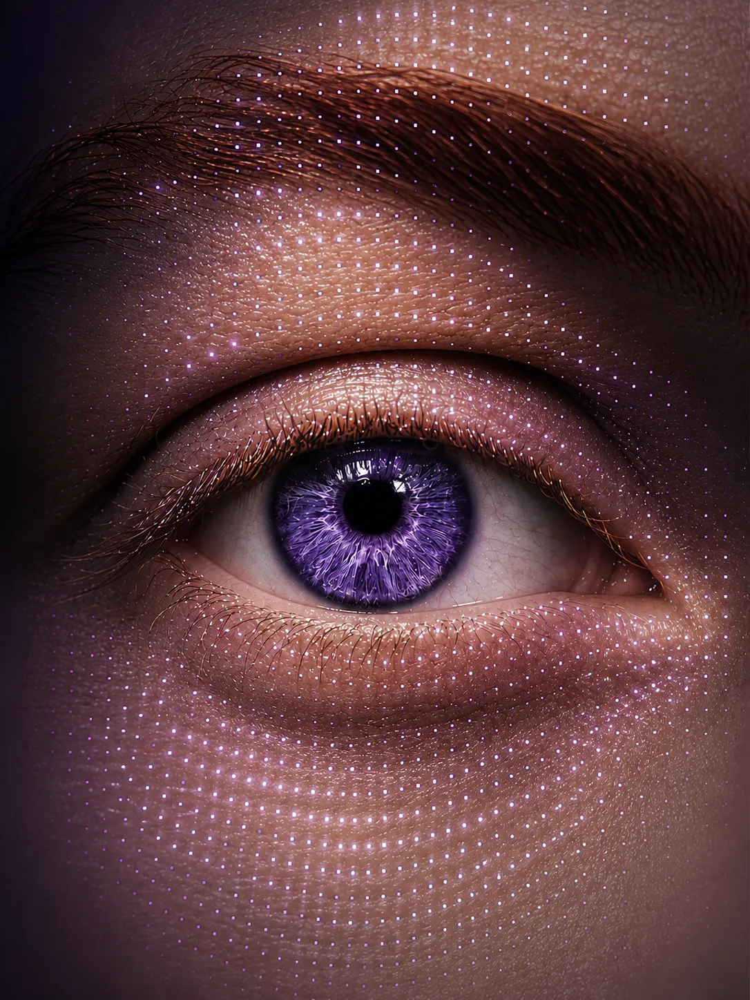 A close-up of an eye overlaid with a lattice of light points