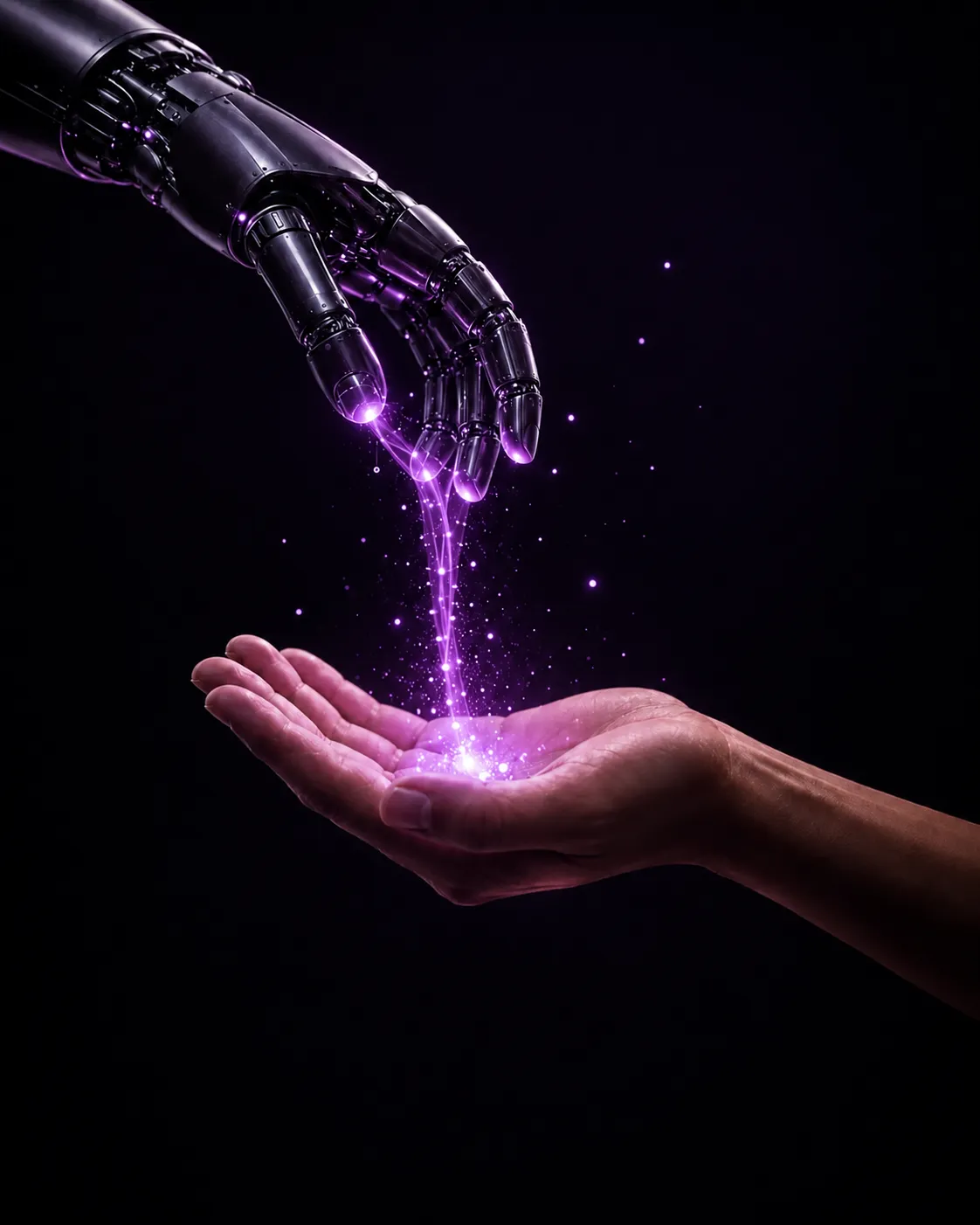 A hand cupping a spray of light, standing for the intelligent layer the operating model runs on